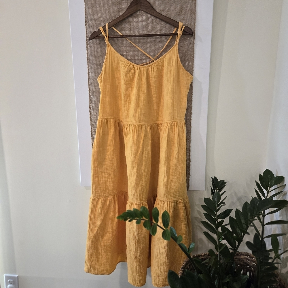 Yellow flowy gauze midi summer dress with cute criss cross back size XL